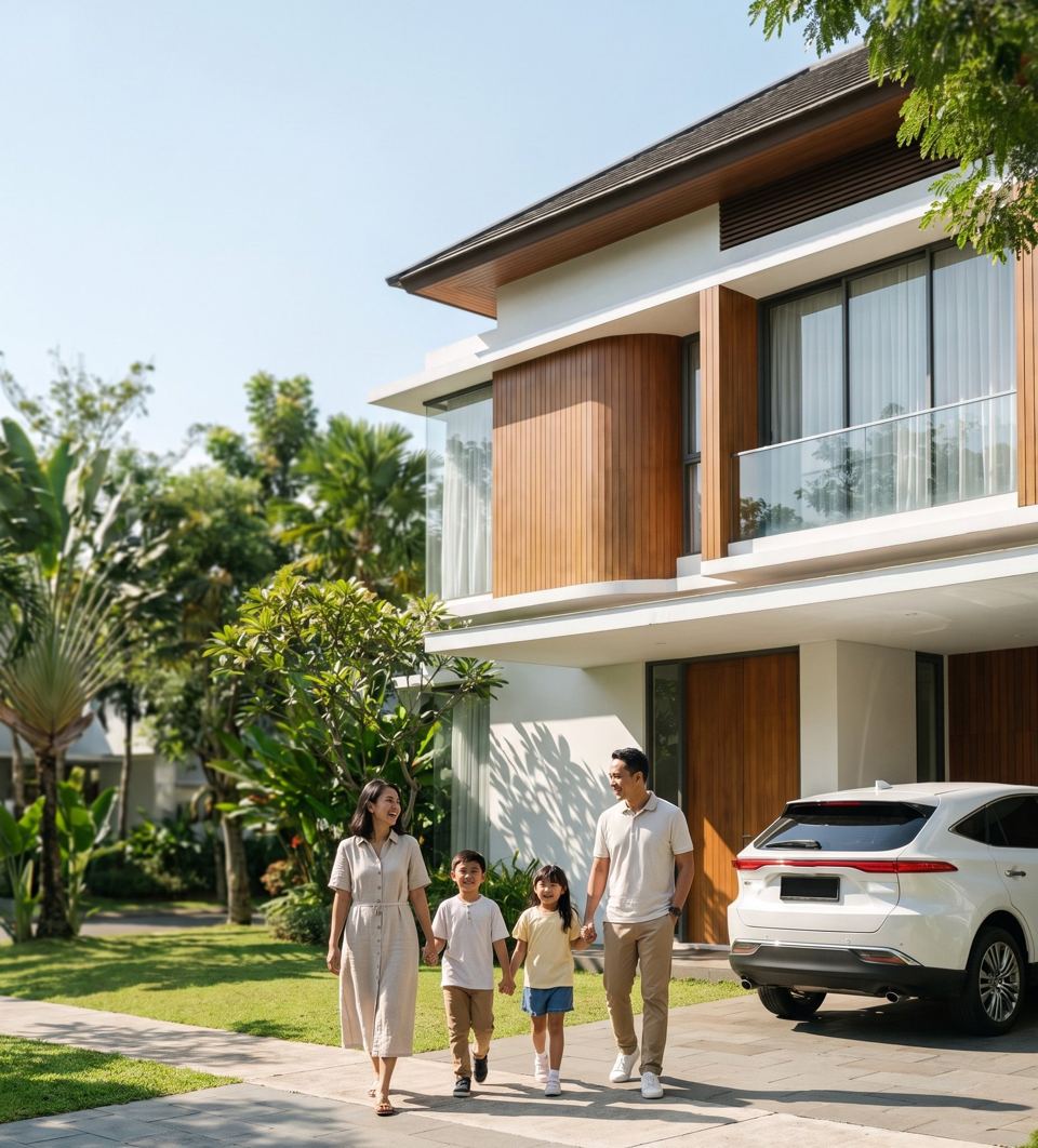 A family walking past a new home in the township
