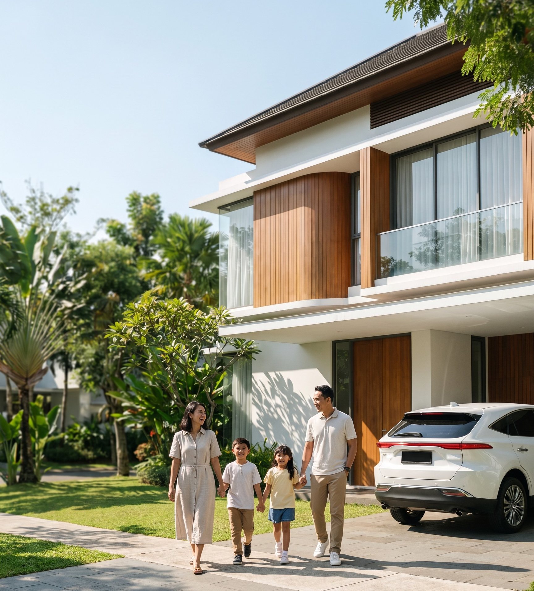 A young family walking outside their home in a leafy township